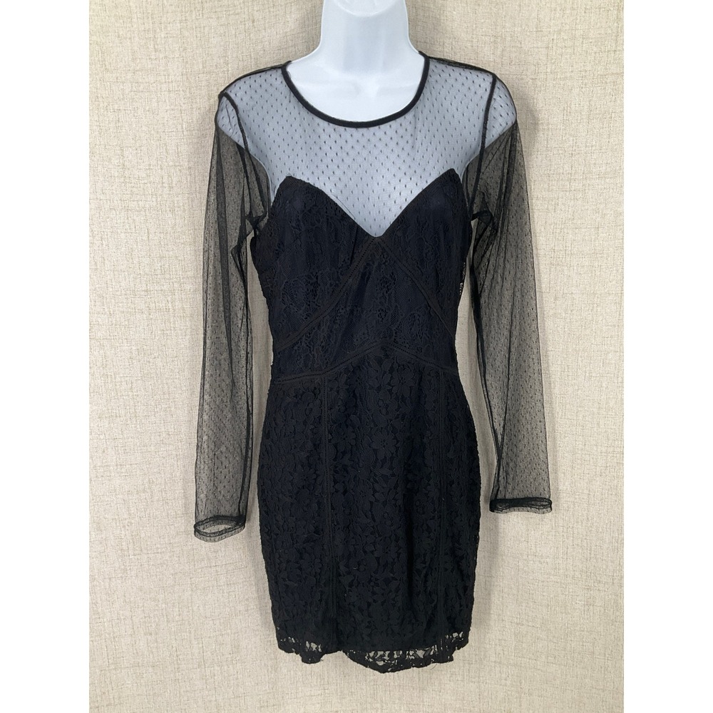ASTR The Label Dress Womens Large Black Navy Lace Mesh Sheer Swiss Dot Bodycon